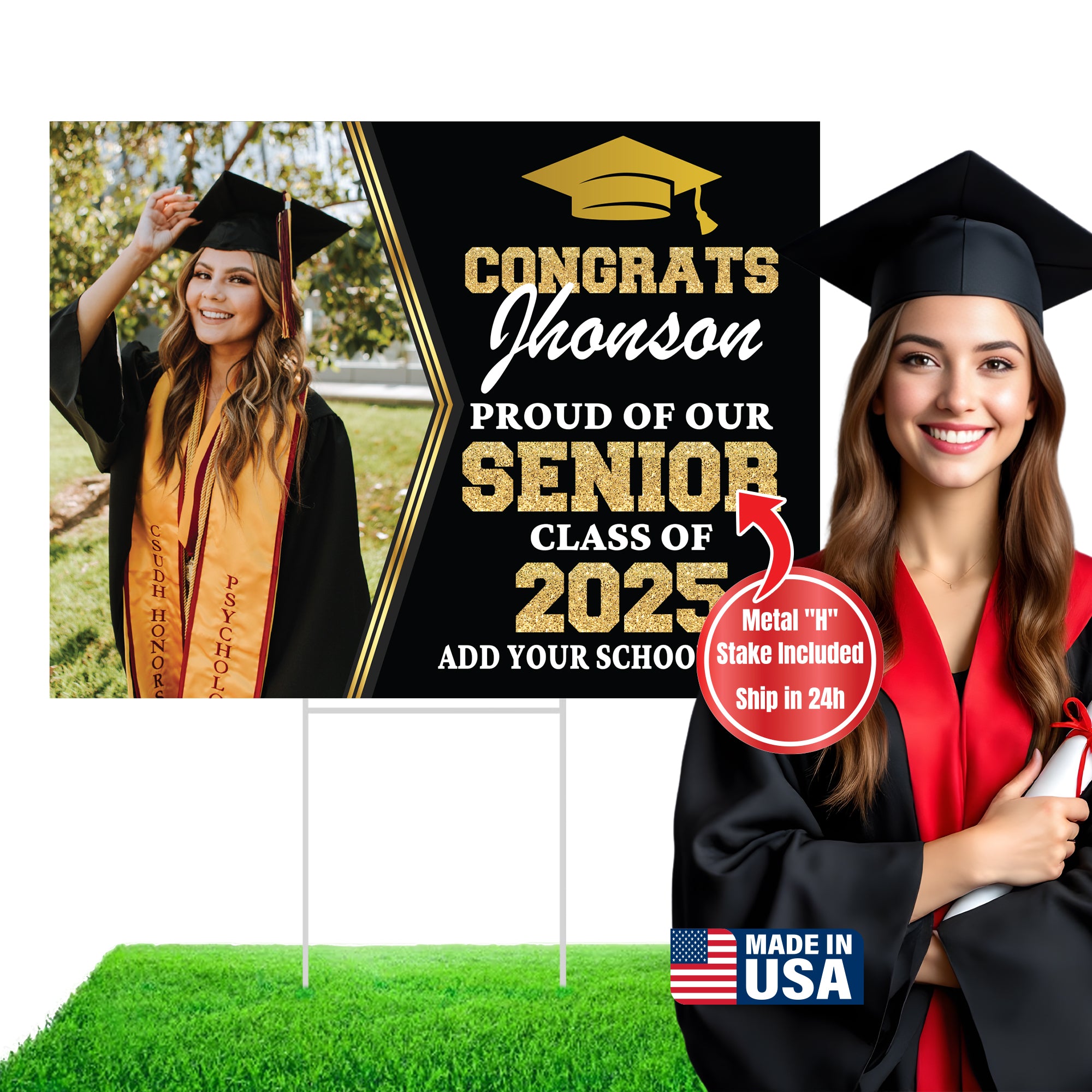 Graduation yard sign with H-Stake,  Lawn Signs, Class of 2025, College Graduation, High School Graduation, Graduation yard sign
