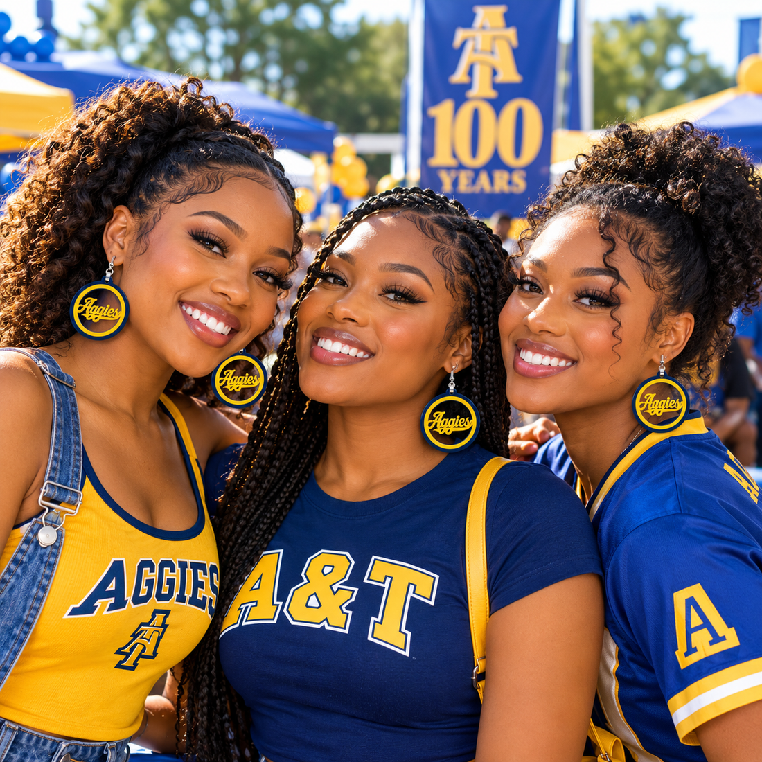 Navy and gold Aggies statement earrings for tailgates and homecoming week in Greensboro