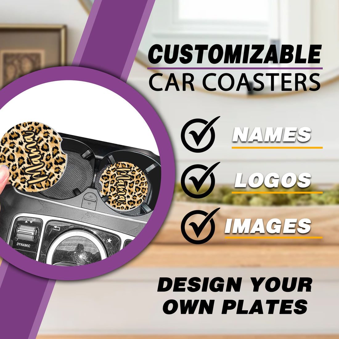 Posavasos de coche con estampado de leopardo de animal, posavasos personalizado para portavasos de coche, posavasos de coche, posavasos de cerámica absorbentes de leopardo para coche