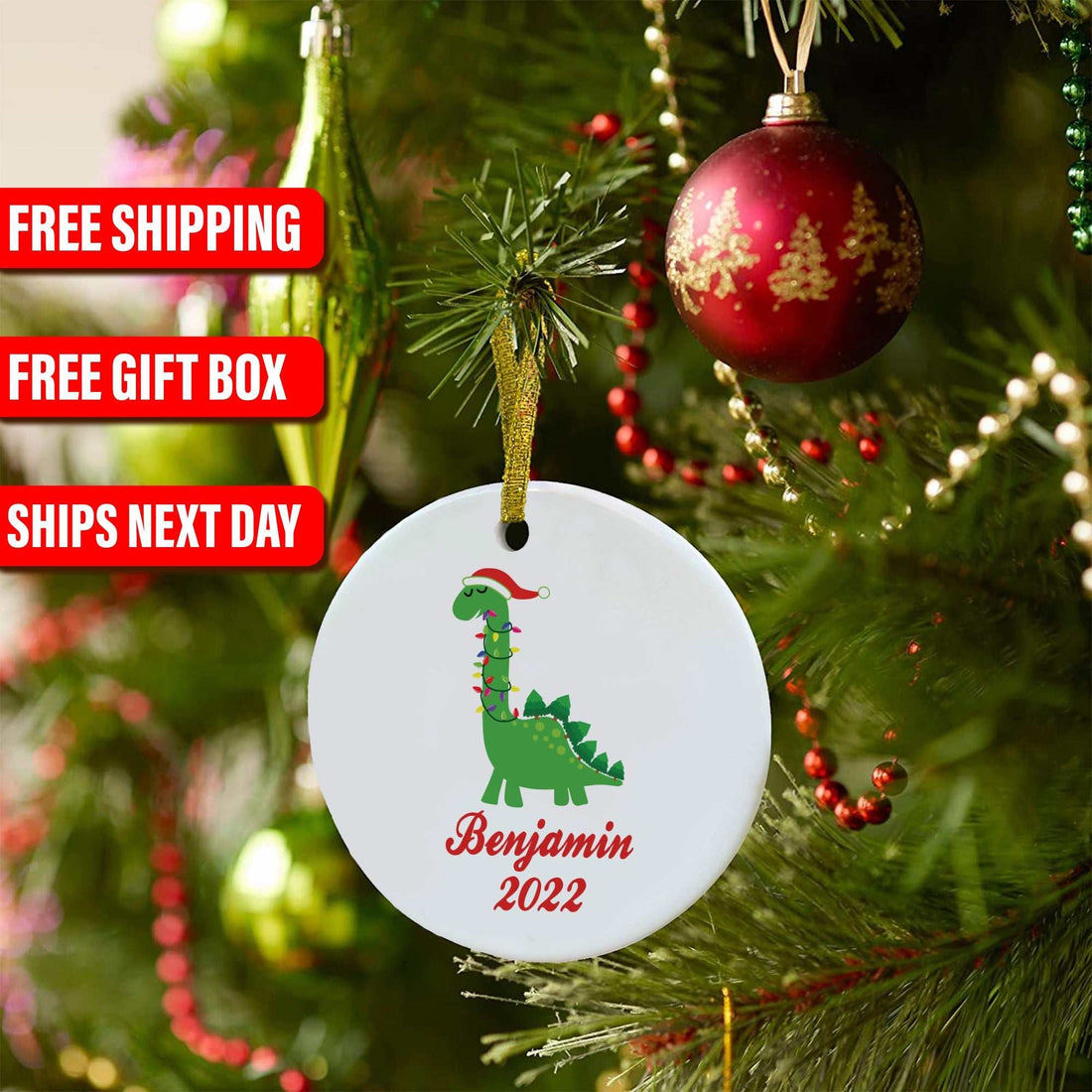 Adorno de Navidad para niños, Adorno de Navidad de dinosaurio personalizado, Lindo adorno de Navidad para niños, Regalo de Navidad para hijo, sobrino, hermano