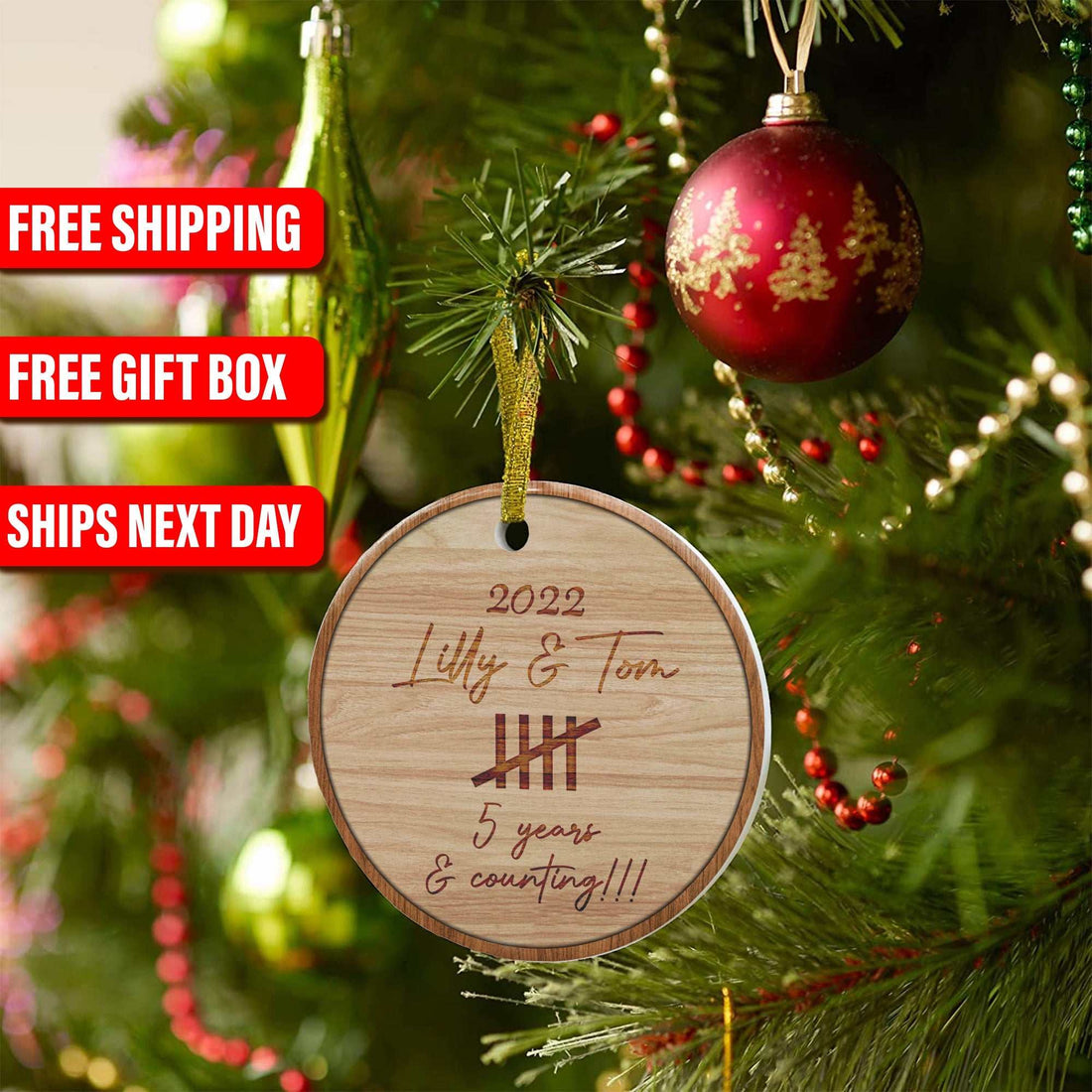 Adorno de cerámica para parejas, Adornos navideños para parejas, Aniversario de madera, Regalos de aniversario, Cualquier año de aniversario