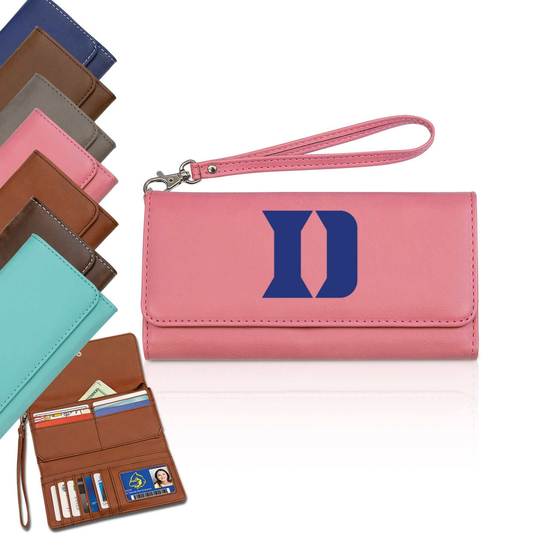 Billetera de cuero Duke personalizada, Duke Blue Devils, Billetera de piel sintética personalizada con correa, Accesorios Duke para mamá