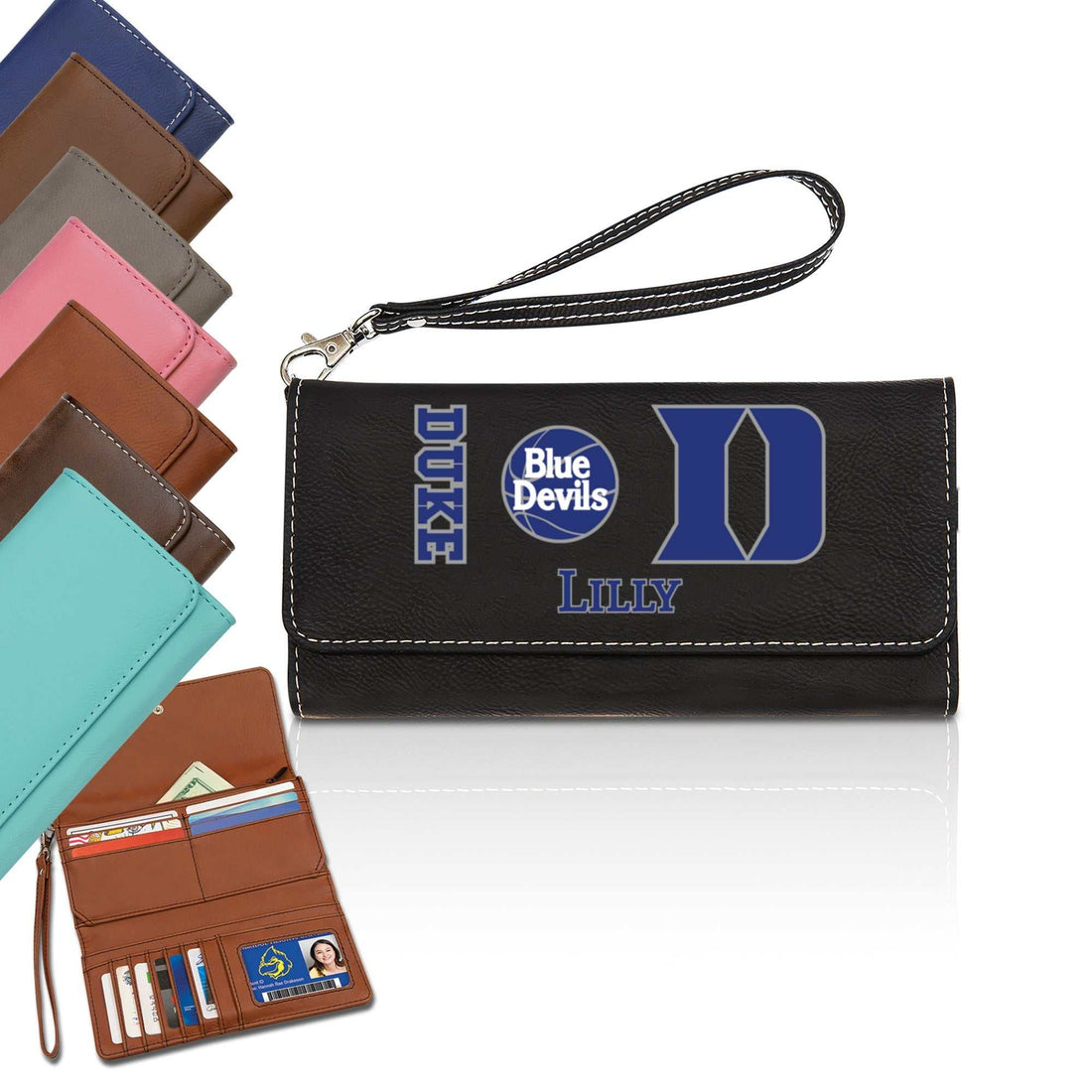Billetera Duke Blue Devils, Billetera de cuero personalizada, Piel sintética personalizada, Billetera Duke con correa, Accesorios Duke para mamá