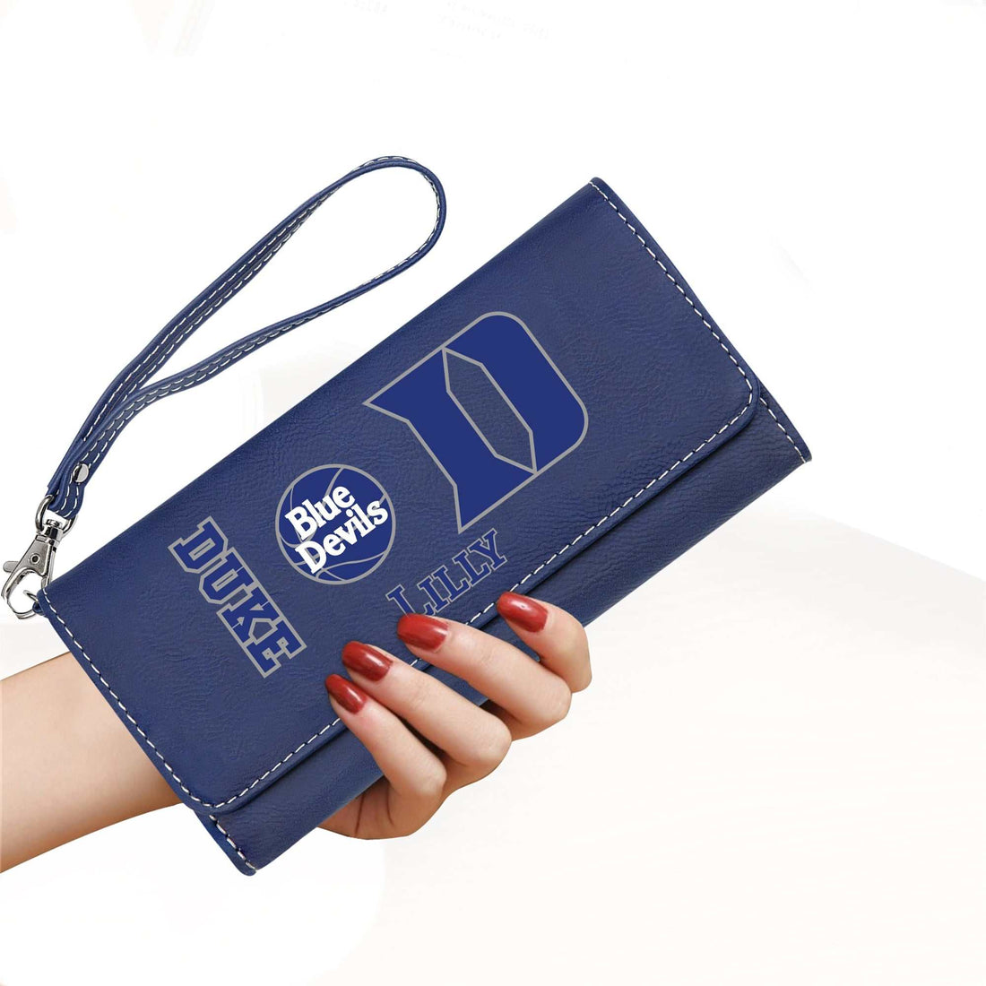Billetera Duke Blue Devils, Billetera de cuero personalizada, Piel sintética personalizada, Billetera Duke con correa, Accesorios Duke para mamá