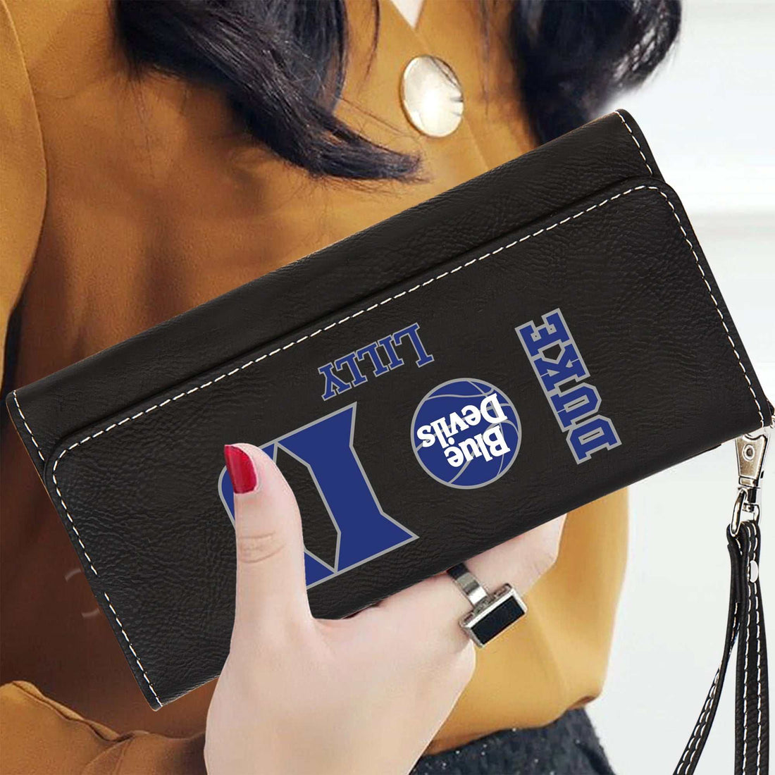 Billetera Duke Blue Devils, Billetera de cuero personalizada, Piel sintética personalizada, Billetera Duke con correa, Accesorios Duke para mamá