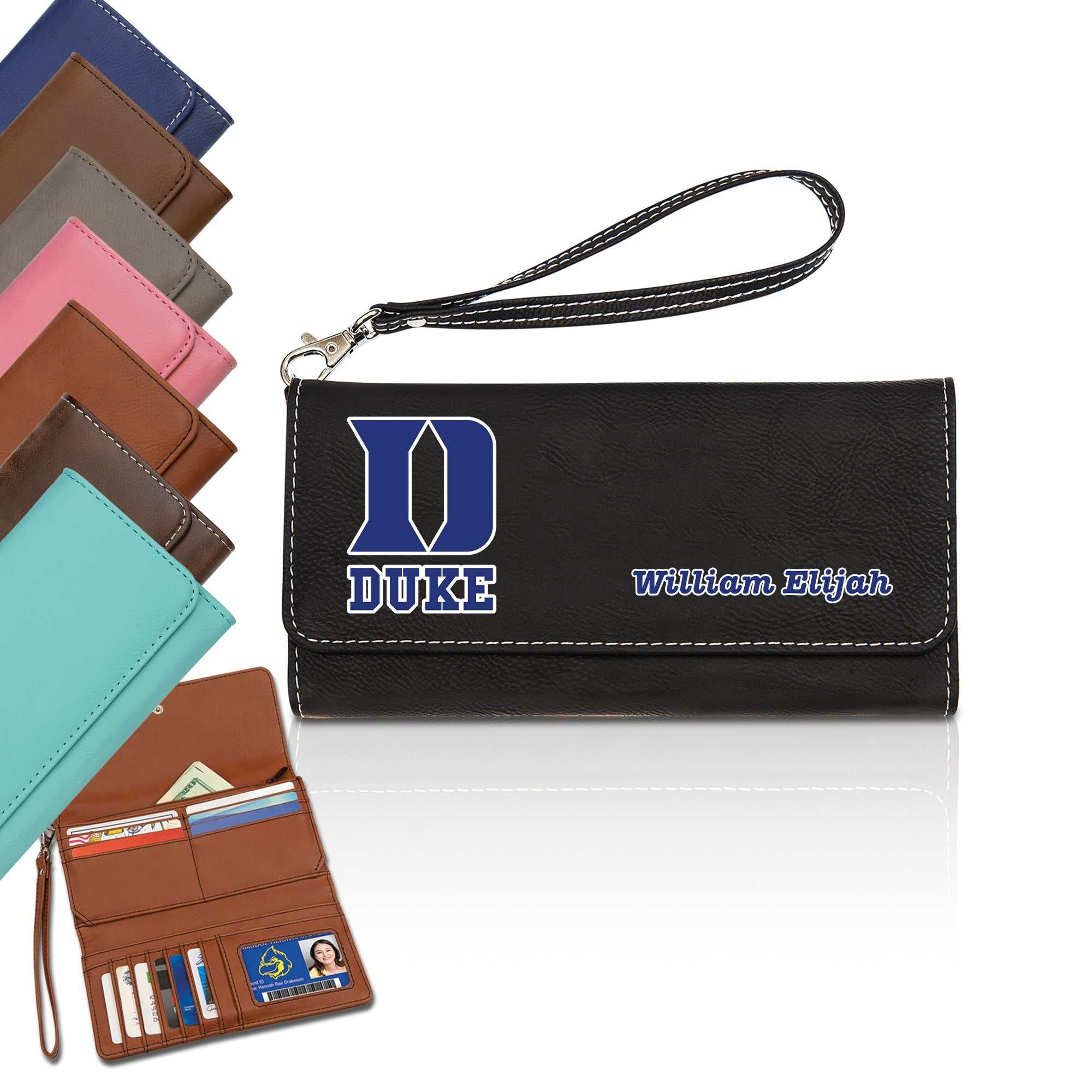 Duke Personalized leatherette wallet with strap, Custom Duke Leather Wallet, Duke Blue Devils, Duke Accessories for mom