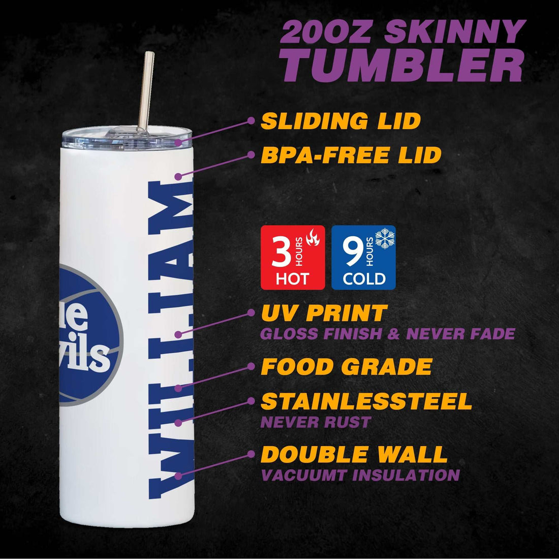 Vaso Duke Blue Devils, vaso Duke personalizado de 20 oz, vaso con popote, vaso térmico, vaso de acero inoxidable