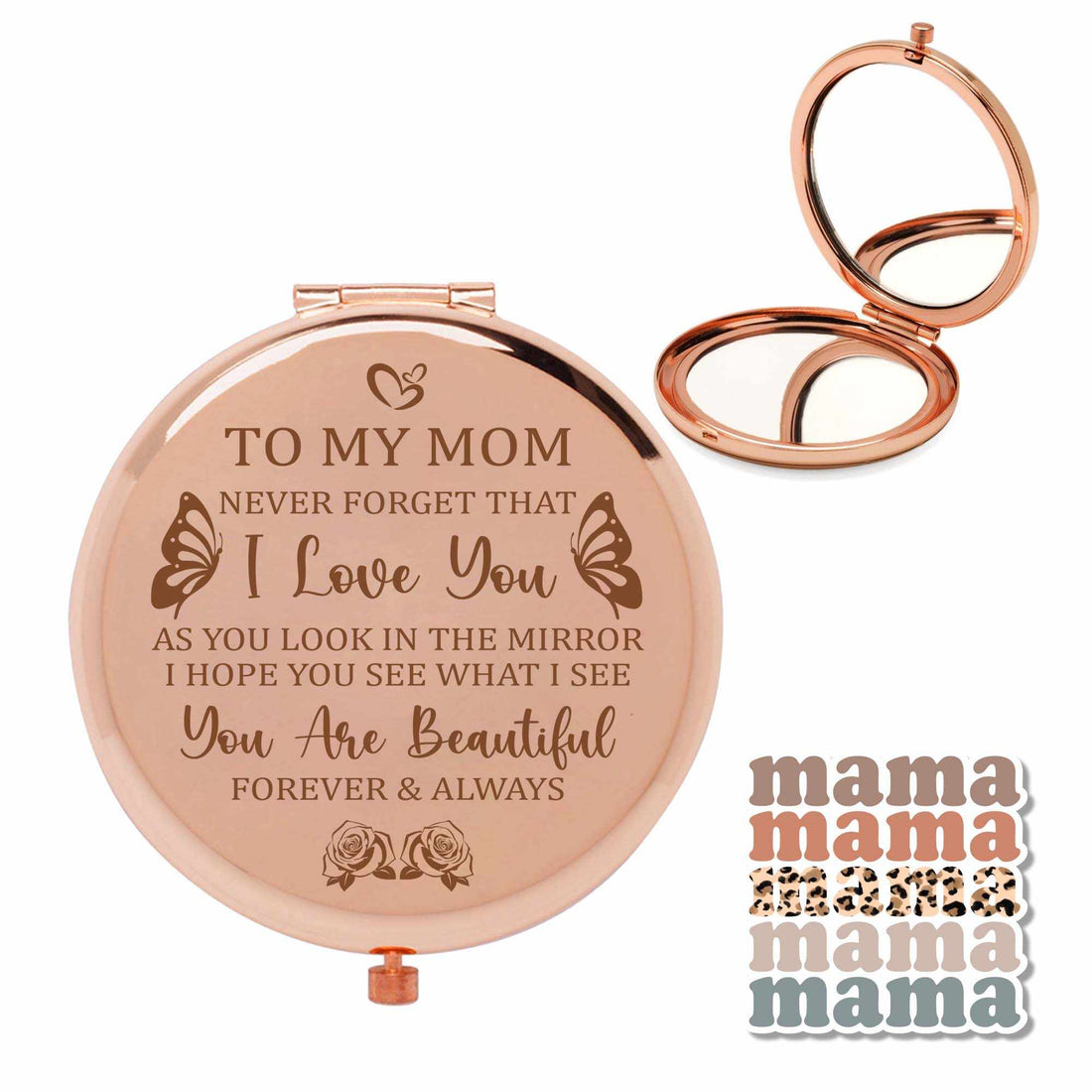 Espejo compacto y set de pegatinas "Te quiero mamá" | Regalo personalizado en oro rosa para el Día de la Madre, cumpleaños o aniversario