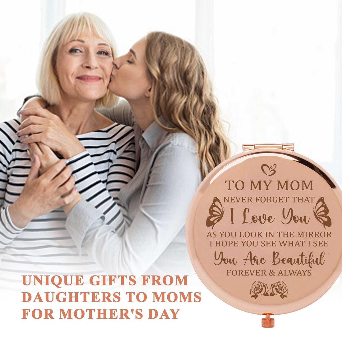 Espejo compacto y set de pegatinas "Te quiero mamá" | Regalo personalizado en oro rosa para el Día de la Madre, cumpleaños o aniversario