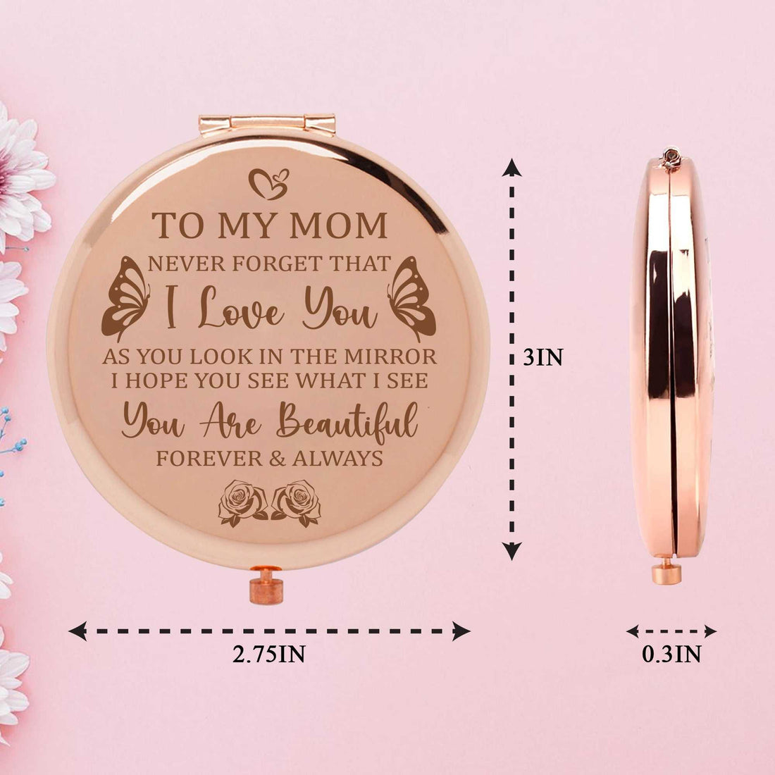 Espejo compacto y set de pegatinas "Te quiero mamá" | Regalo personalizado en oro rosa para el Día de la Madre, cumpleaños o aniversario