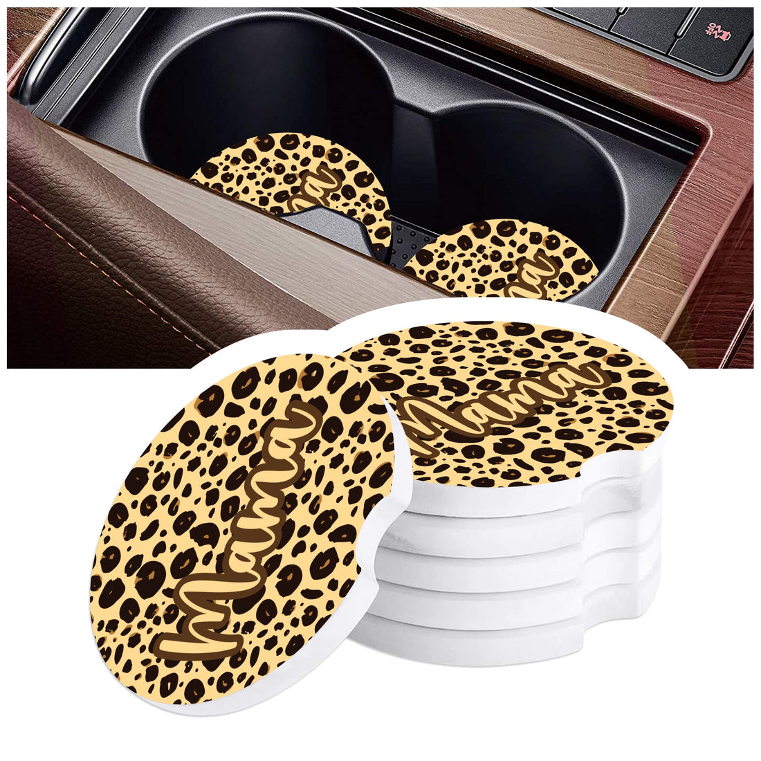 Posavasos para coche con estampado de leopardo | Inserto de cerámica personalizado para portavasos – Regalo elegante y absorbente para amantes del estampado animal