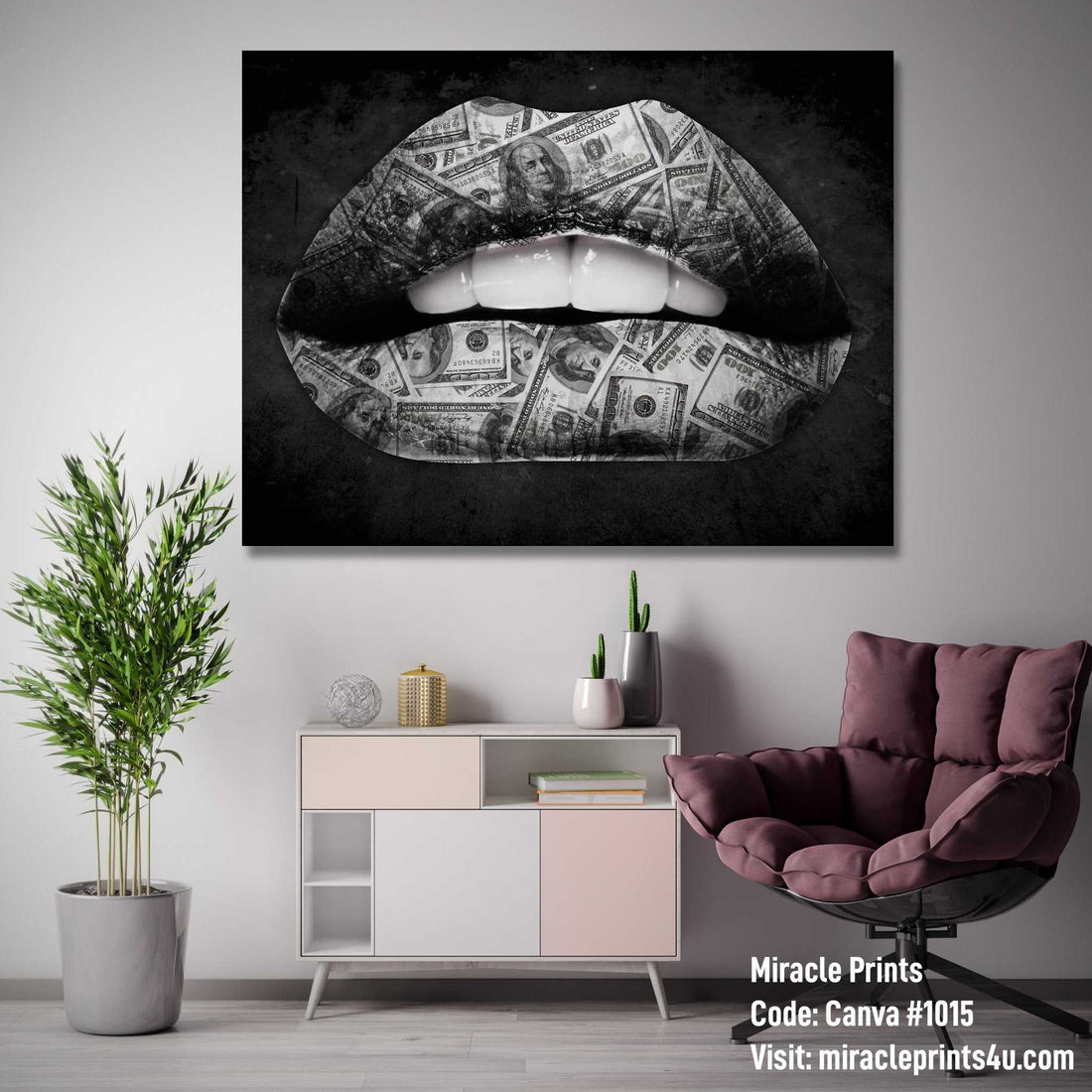 Arte en lienzo Labios de dinero - Una pieza de declaración única