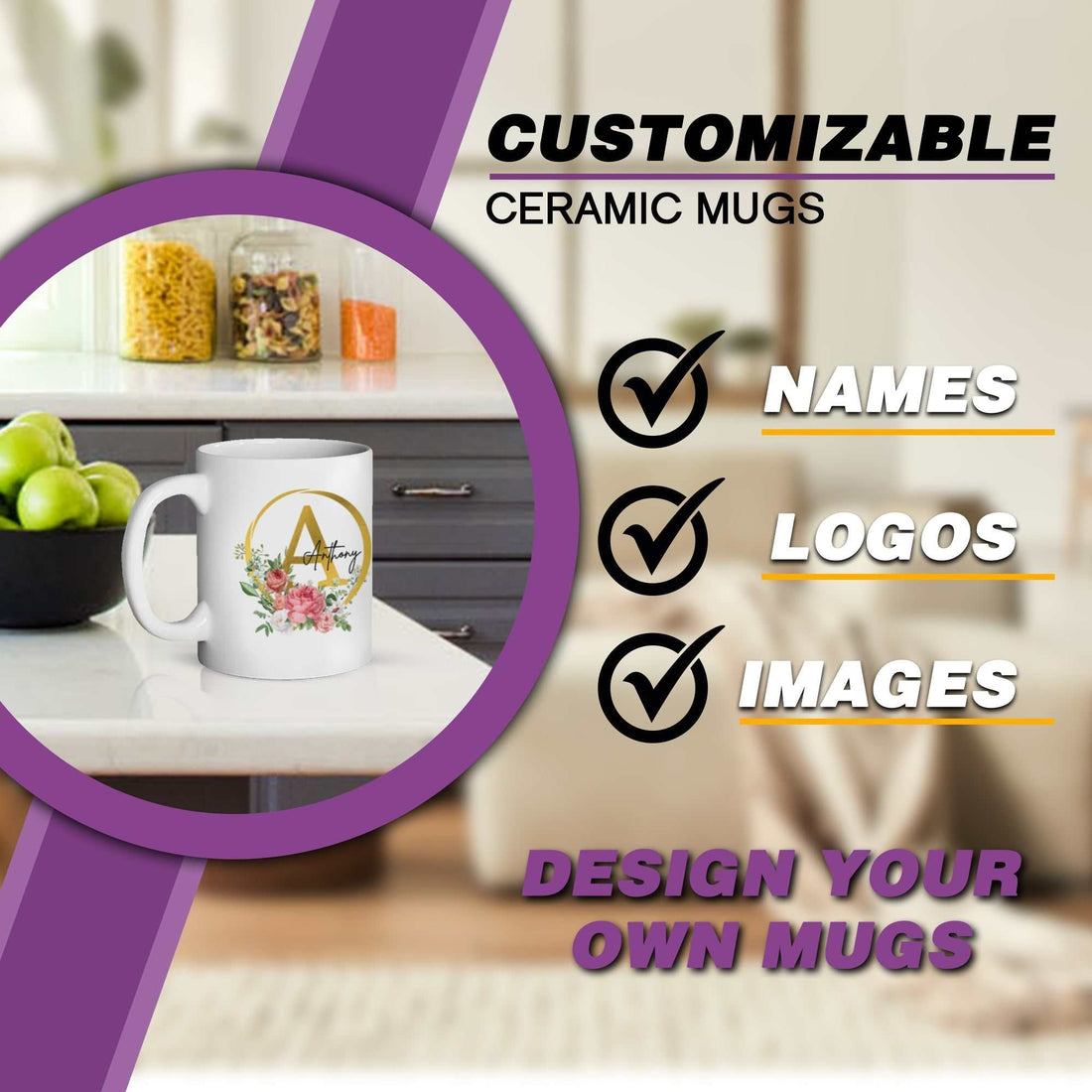 Taza de café de cerámica con monograma inicial, nombre personalizado, taza de cerámica con inicial, taza de café con diseño floral, regalo personalizado, taza con nombre