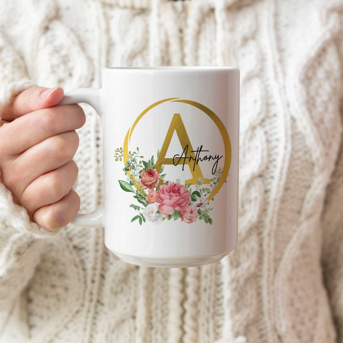 Taza de café de cerámica con monograma inicial, nombre personalizado, taza de cerámica con inicial, taza de café con diseño floral, regalo personalizado, taza con nombre