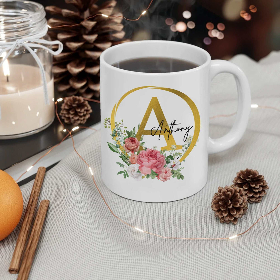 Taza de café de cerámica con monograma inicial, nombre personalizado, taza de cerámica con inicial, taza de café con diseño floral, regalo personalizado, taza con nombre