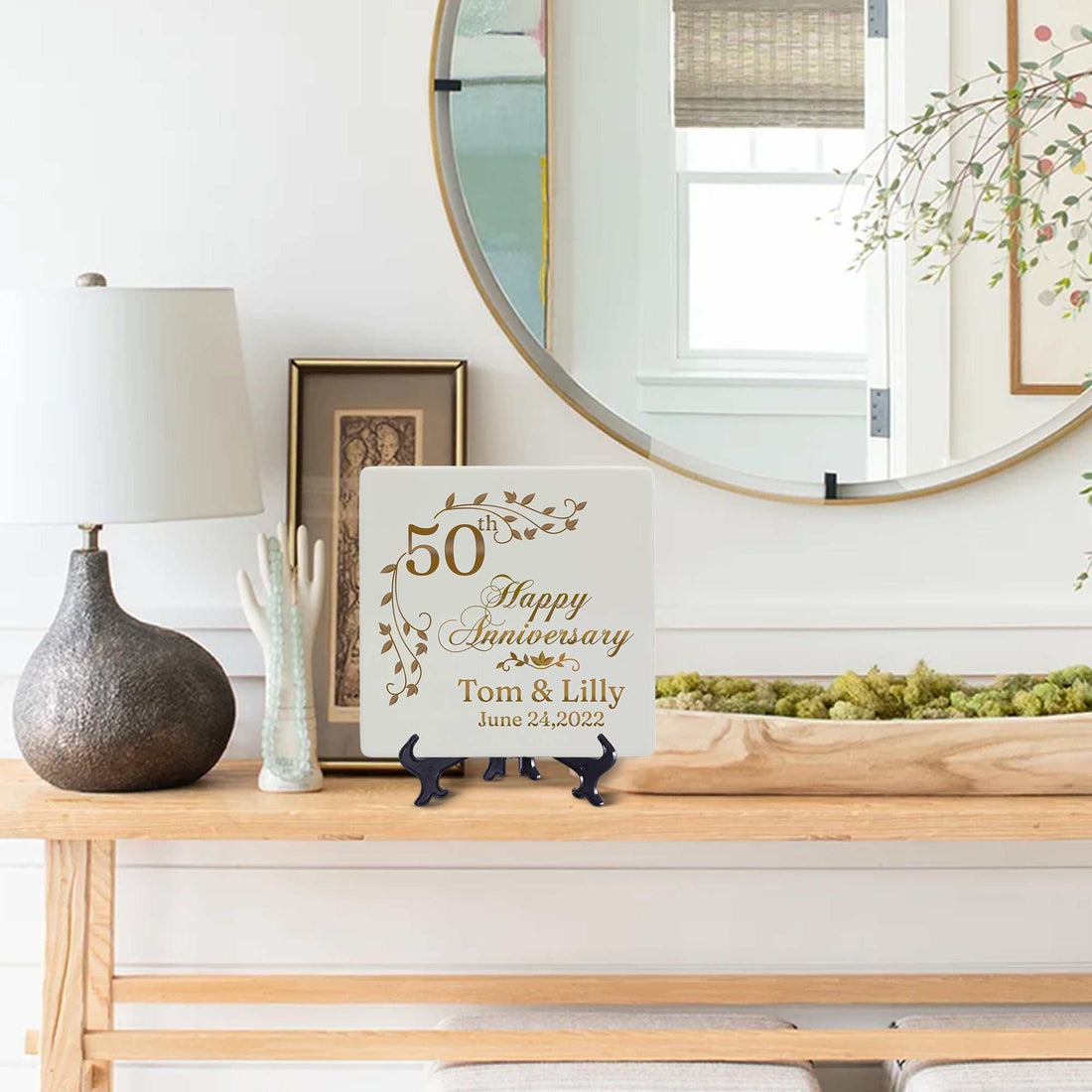 Plato cuadrado personalizado para el 50 aniversario | Regalo de recuerdo de bodas de oro para padres o parejas – Elegante diseño personalizado