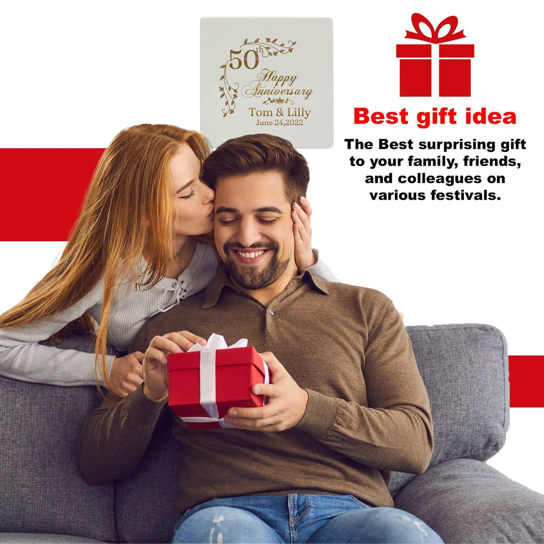 Plato cuadrado personalizado para el 50 aniversario | Regalo de recuerdo de bodas de oro para padres o parejas – Elegante diseño personalizado