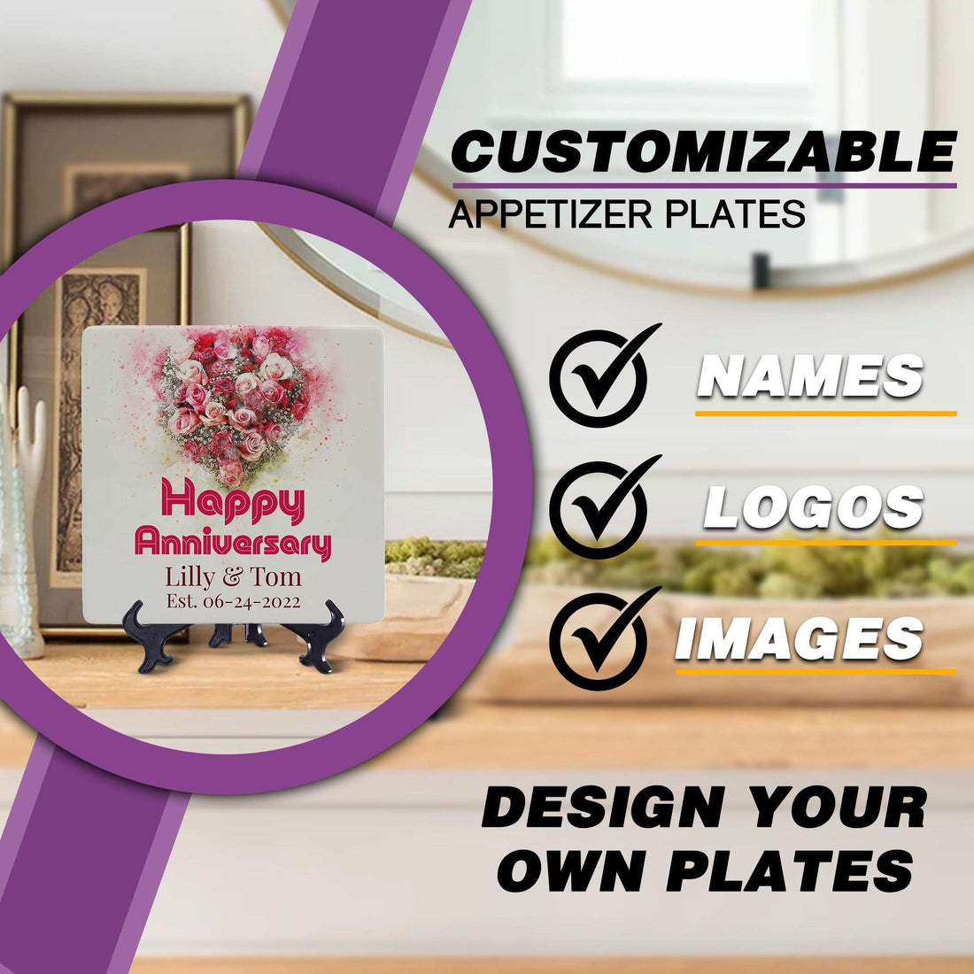 Plato de aniversario personalizado, plato de cerámica blanco cuadrado con flores, plato para servir, vajilla de plato llano, regalo personalizado