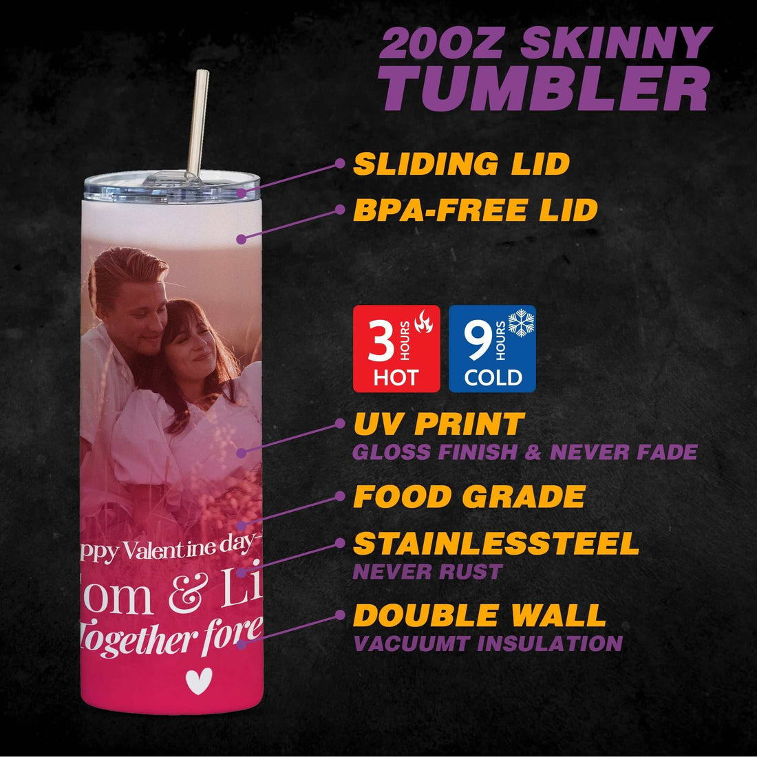 Vaso térmico personalizado con foto, envoltorio personalizado para vaso térmico de San Valentín, vaso térmico estrecho de 20 oz con foto para mujer, regalos de San Valentín, regalo memorable