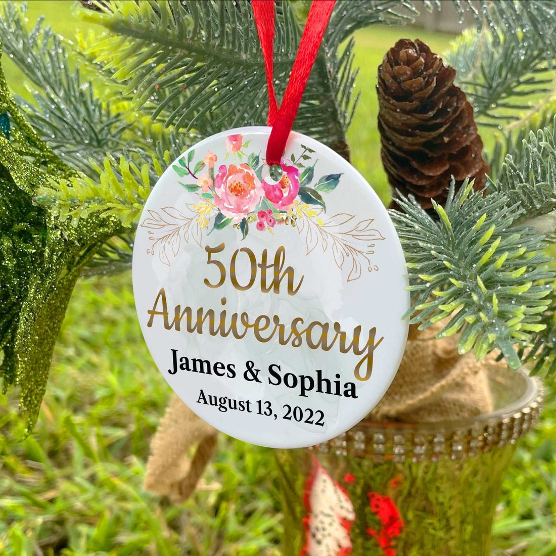 Regalos de aniversario personalizados, adornos de 50 aniversario, adorno de aniversario personalizado, celebración de hitos, recuerdos memorables, adornos de cerámica