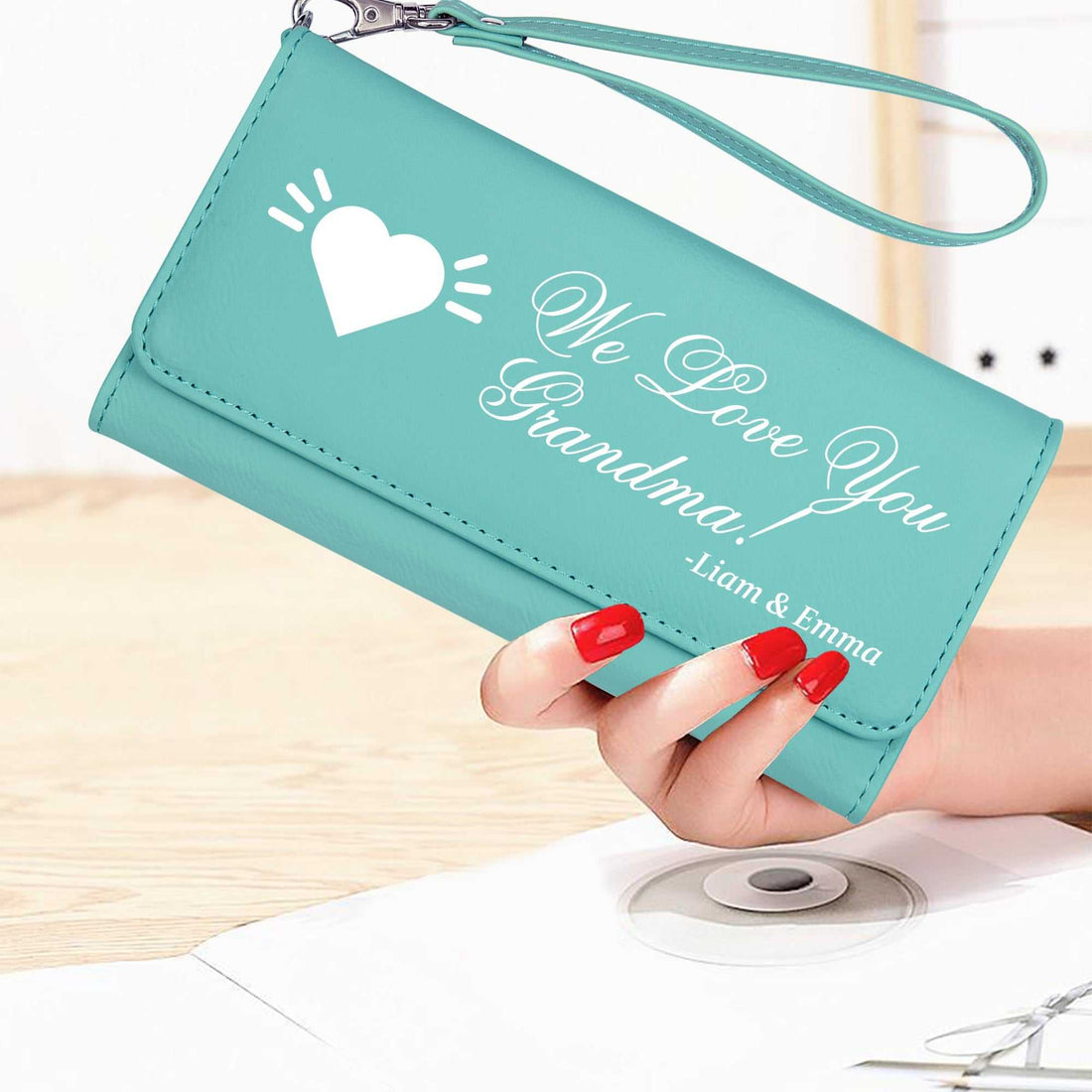 Te amamos abuela, cartera de mujer de cuero, cartera de cuero personalizada, regalo personalizado para mamá, regalo del Día de la Madre