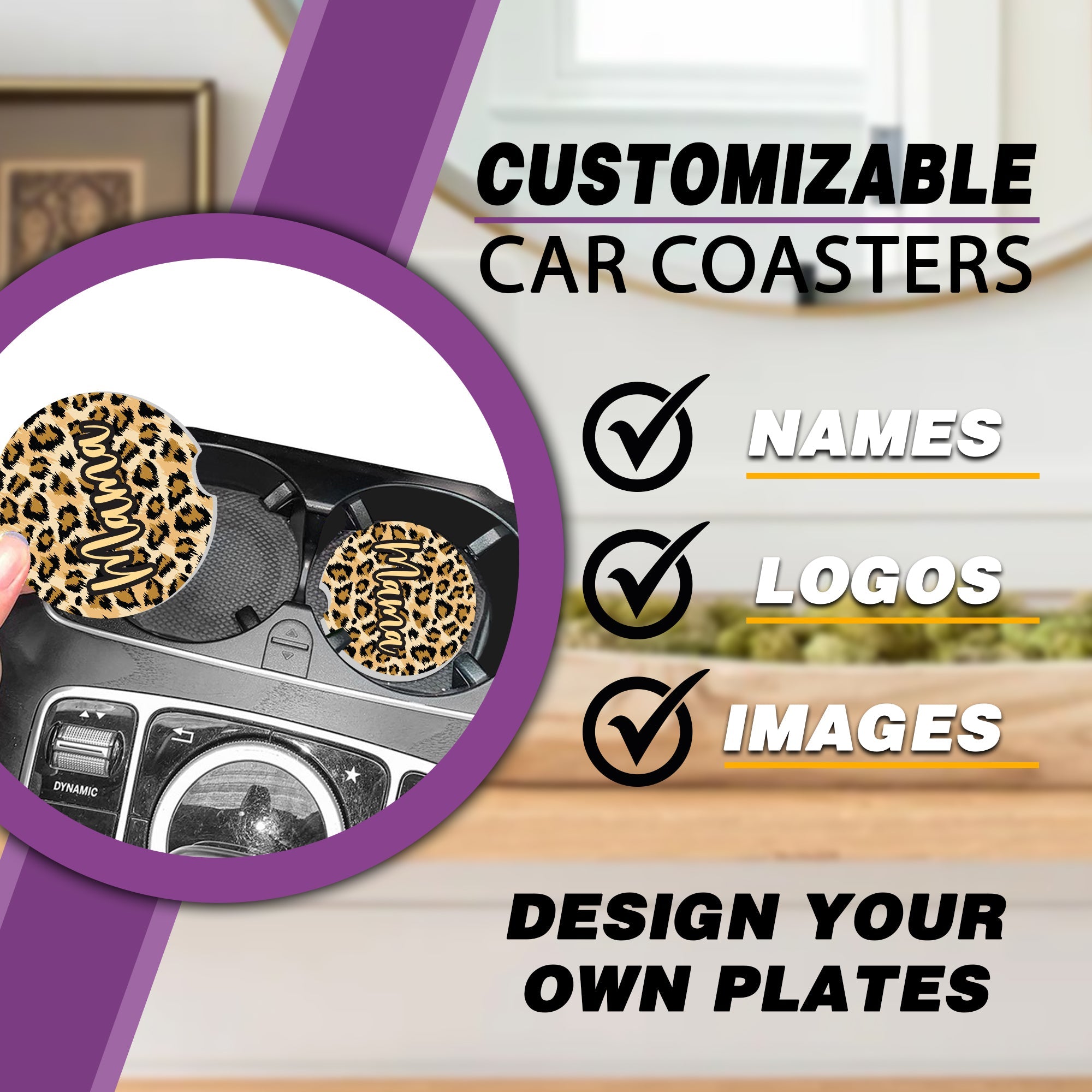 Animal Leopard Print Car Cup Holder Coaster, Personalized Car Cup Holder Coaster, Car Coasters, Leopard Ceramic Absorbent Car Coasters