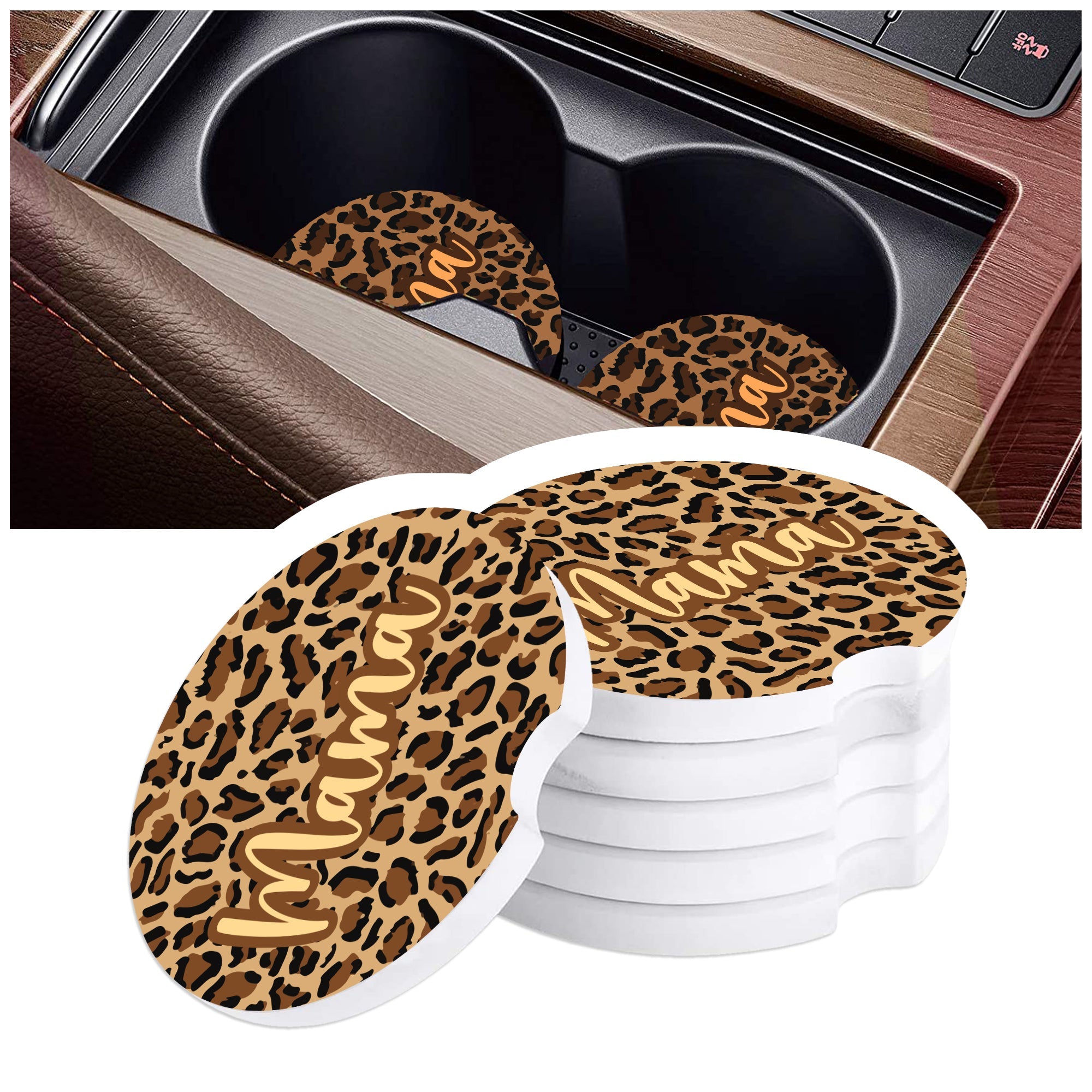 Animal Leopard Print Car Cup Holder Coaster, Personalized Car Cup Holder Coaster, Car Coasters, Leopard Ceramic Absorbent Car Coasters personalize ceramic coasters