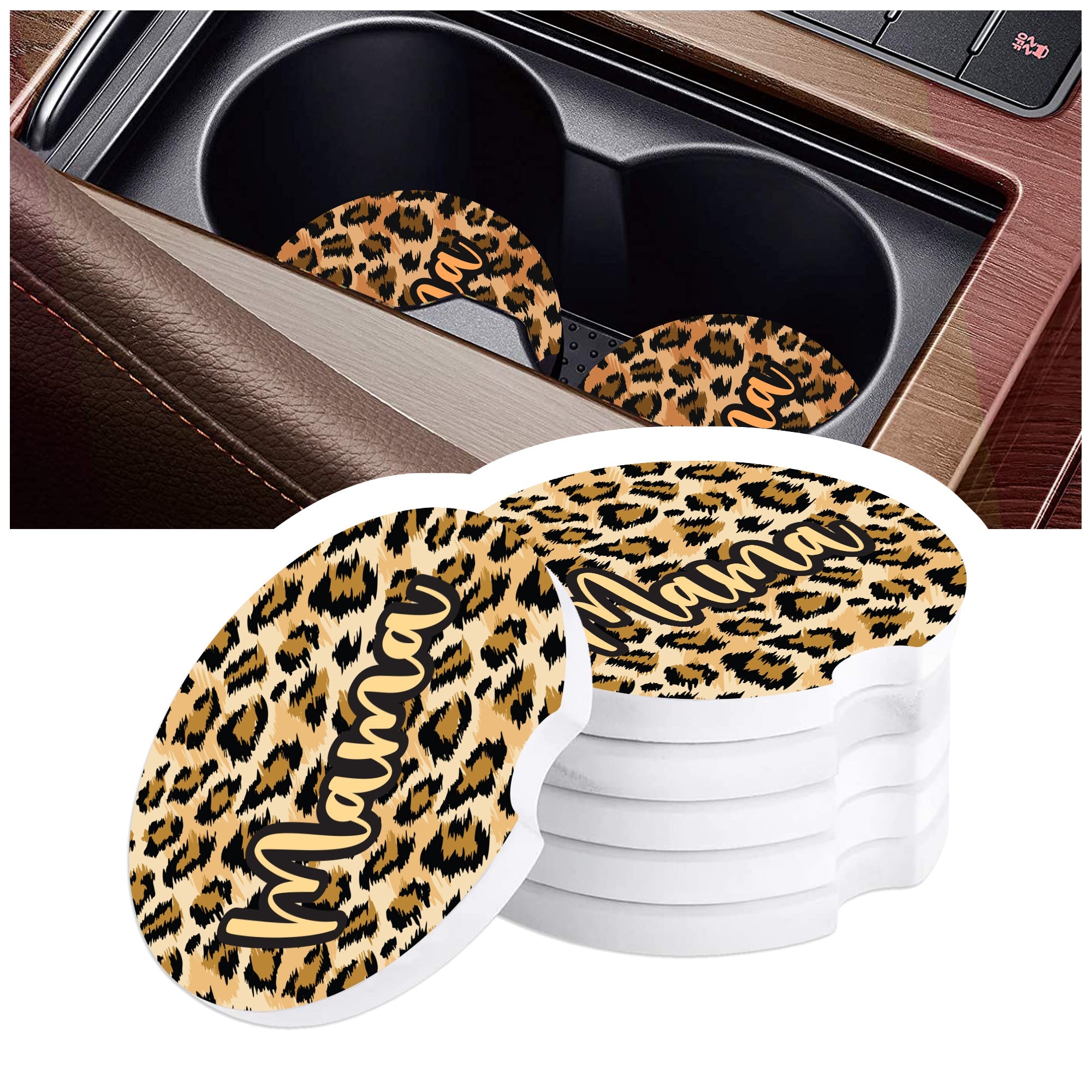 Animal Leopard Print Car Cup Holder Coaster, Personalized Car Cup Holder Coaster, Car Coasters, Leopard Ceramic Absorbent Car Coasters