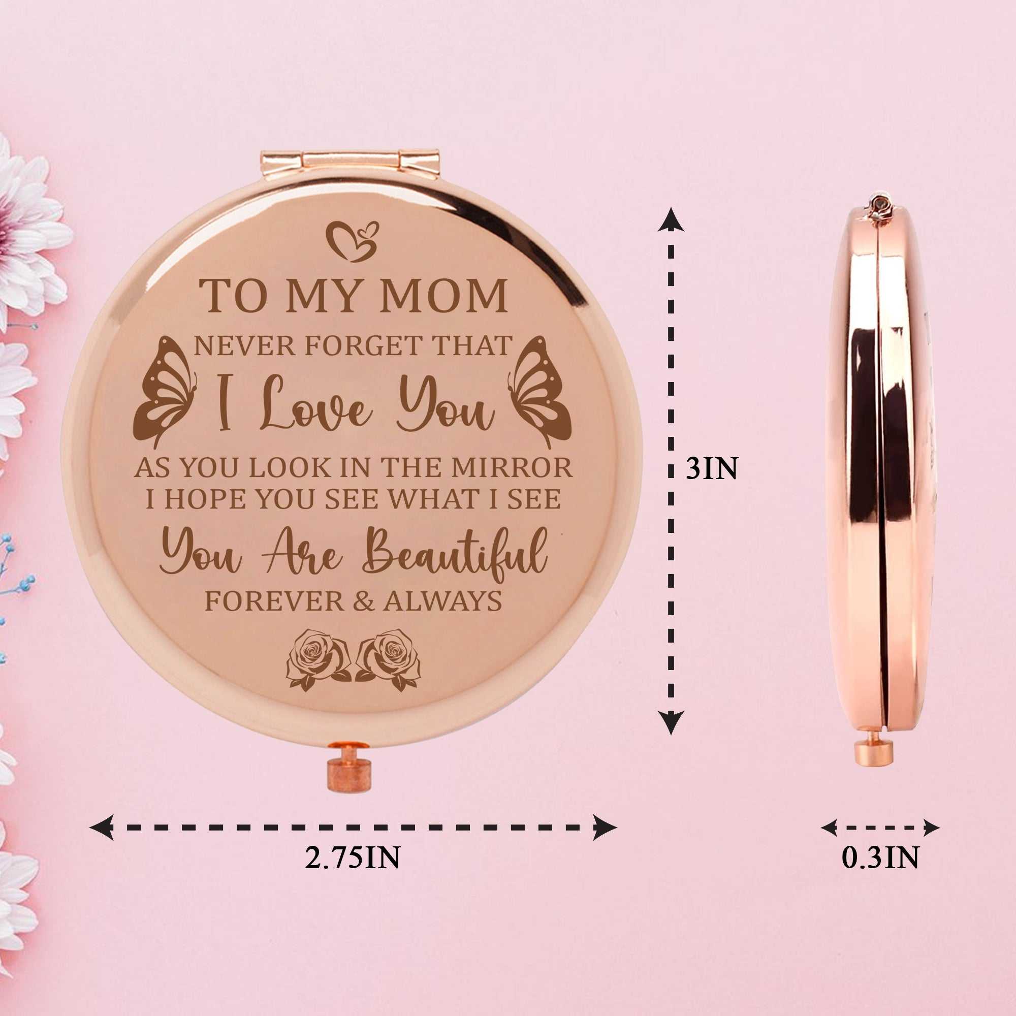 I Love You Mom Rose Gold Compact Mirror and Cute Sticker Combo - Unique and Thoughtful Gift for Mother's Day, Birthday, Christmas, Valentine's Day, or Anniversary