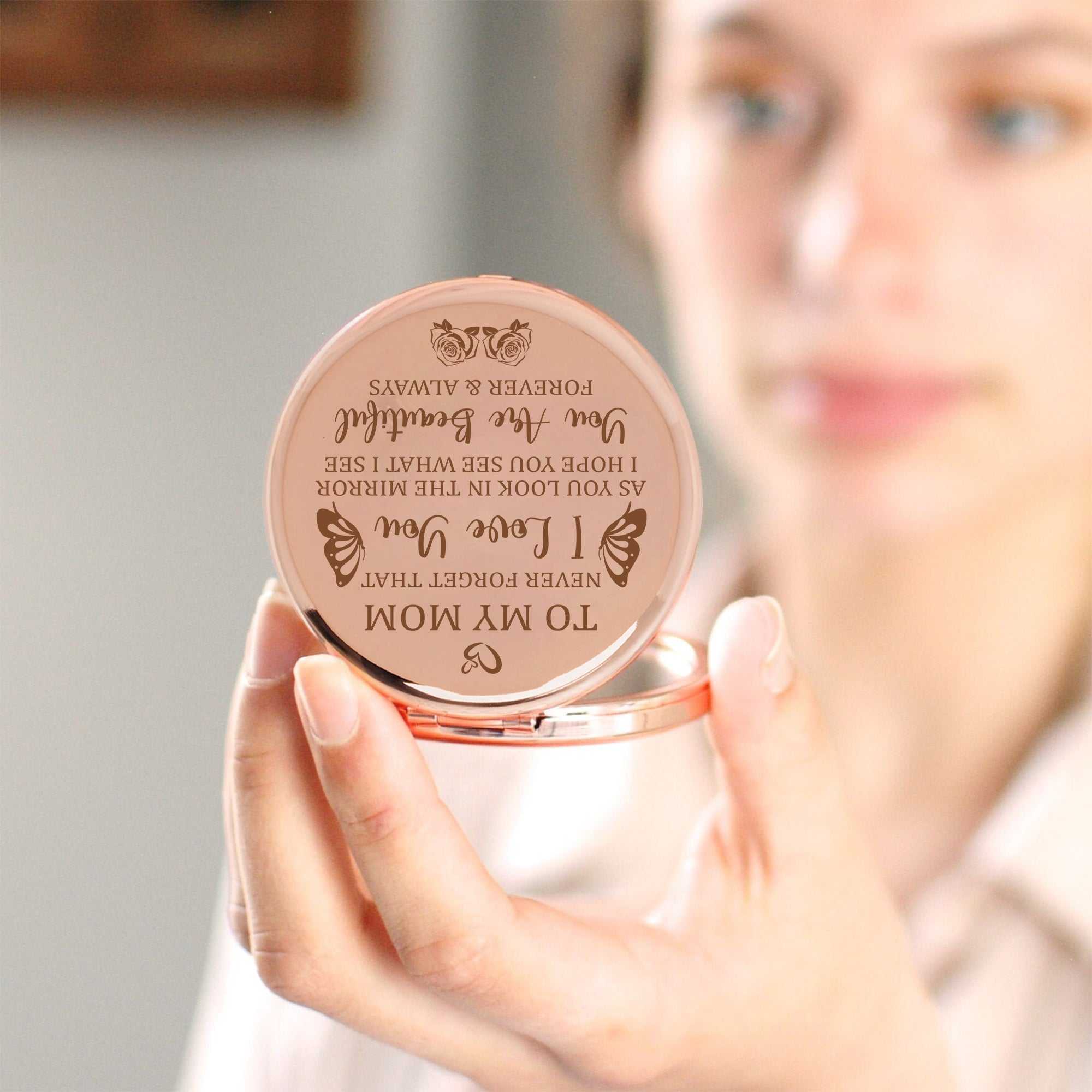 I Love You Mom Rose Gold Compact Mirror and Cute Sticker Combo - Unique and Thoughtful Gift for Mother's Day, Birthday, Christmas, Valentine's Day, or Anniversary
