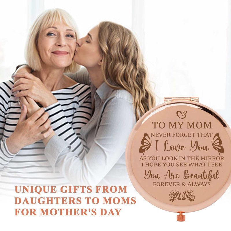 I Love You Mom Rose Gold Compact Mirror and Cute Sticker Combo - Unique and Thoughtful Gift for Mother's Day, Birthday, Christmas, Valentine's Day, or Anniversary