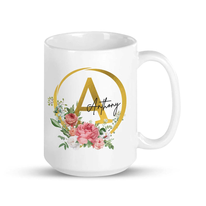 Monogram Initial Ceramic Coffee Mug, Personalized Name, Initial Ceramic cup, Name Coffee Cup Floral Design, Personalized Gift, Mug With Name