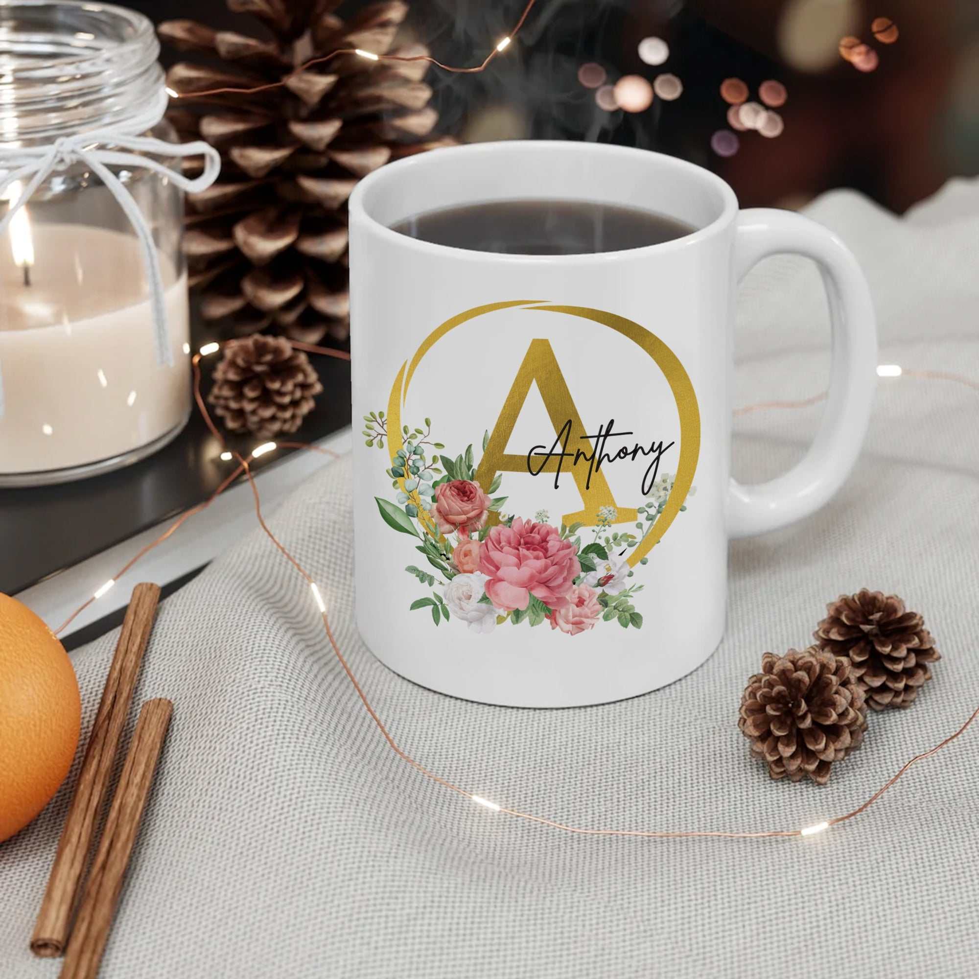 Monogram Initial Ceramic Coffee Mug, Personalized Name, Initial Ceramic cup, Name Coffee Cup Floral Design, Personalized Gift, Mug With Name