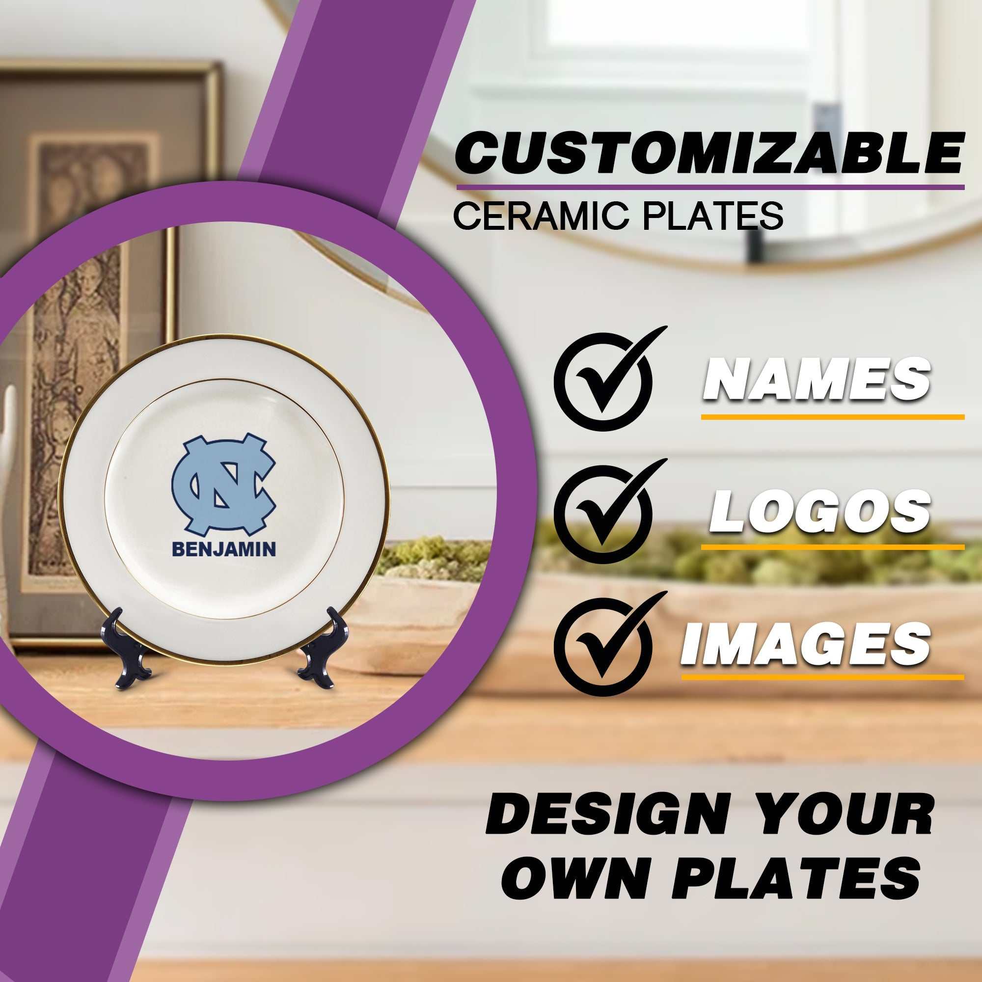 Personalized UNC Tarheels Ceramic Plate Decor UNC Tar Heels Fan Plate.